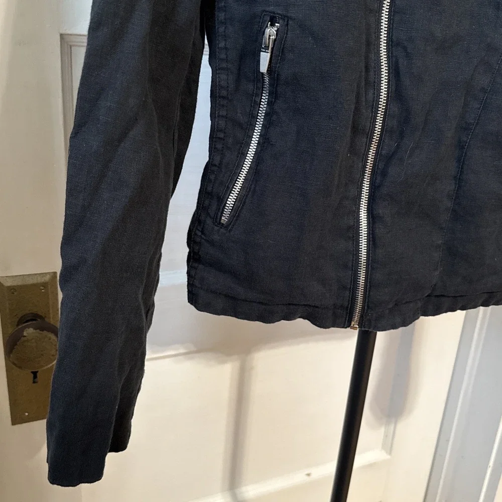 Zara Man Small Black Biker Jacket Zippers Full Zip Pockets 100% Linen